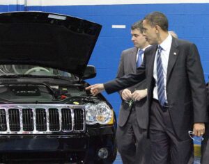 Is that our tax money under the hood?  Then-candidate Obama tours a Chrysler plant.
