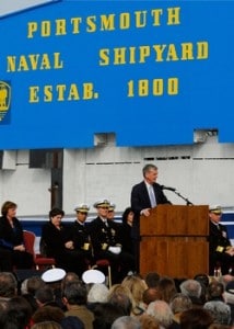 Senator Gregg addresses the crowd gathered at the Portsmouth naval shipyard during the commissioning of the USS New Hampshire.