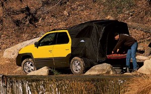 Was it the ugliest vehicle ever made or a trendsetter ahead of its time?  The 2001 Pontiac Aztek is shown here with a pop-up tent, part of an astounding line of accessories that made it the equivalent of a Swiss Army knife on wheels.