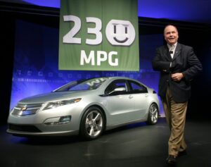 General Motors President and CEO Fritz Henderson announces the Chevrolet Volt extended-range electric vehicle is expected to achieve a city fuel economy of at least 230 miles per gallon.