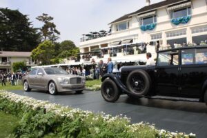 Old and new, the 2011 Bentley Mulsanne comes nose-to-nose with W.O. Bentley's own 8-liter saloon car on the stage at Pebble Beach.