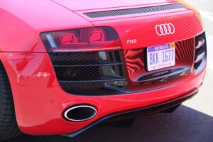 The rear of the Audi R8 V10 features new oval exhaust pipes, a lower diffuser and a pop-up spoiler that activates at 60 mph.