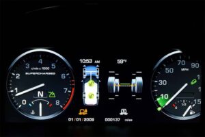 The 2010 Land Rover replaces analog gauges with a flexible 12-inch TFT display. Go off-road and the speedo shifts right, critical new data popping up in its place.