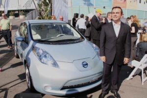 Nissan may eventually offer optional, higher-power, longer-range batteries for the Leaf BEV, shown here with CEO Carlos Ghosn.