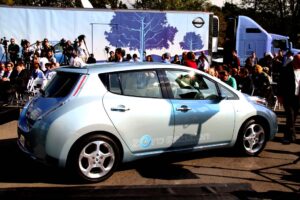 Nissan rolls out a prototype of the 2011 Leaf battery-electric vehicle to launch its 22-city "Zero Emissions Tour."