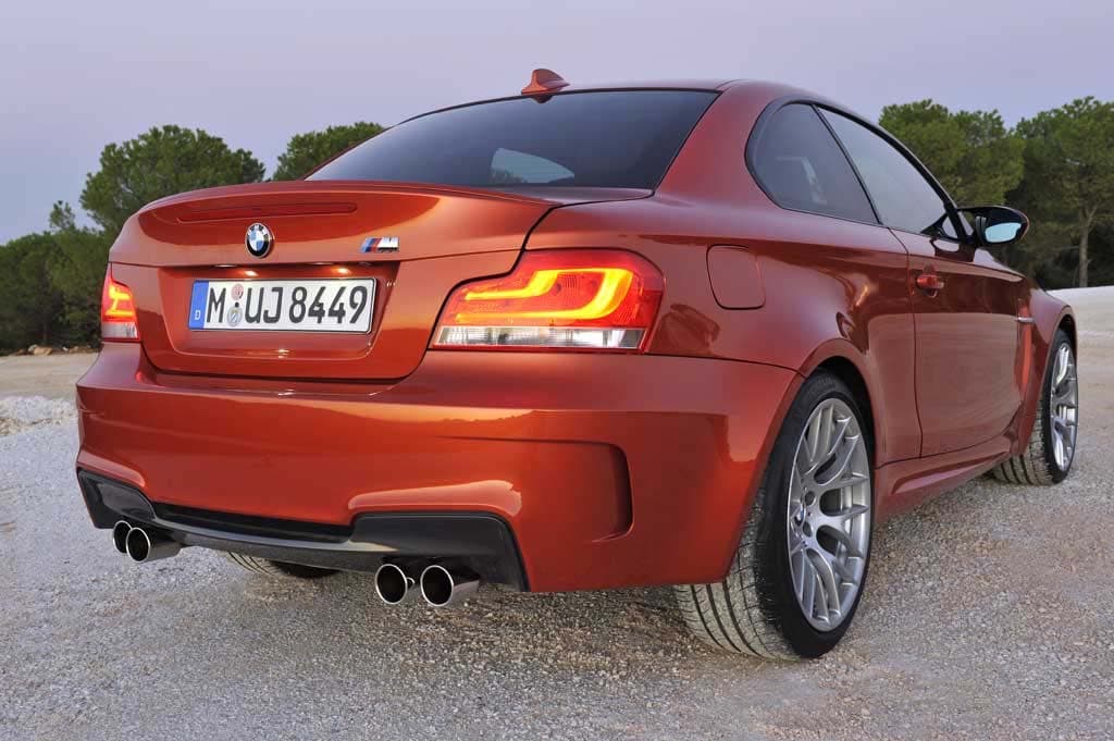 Quad exhaust pipes distinguish the rear of the 2012 BMW 1Series M Coupe