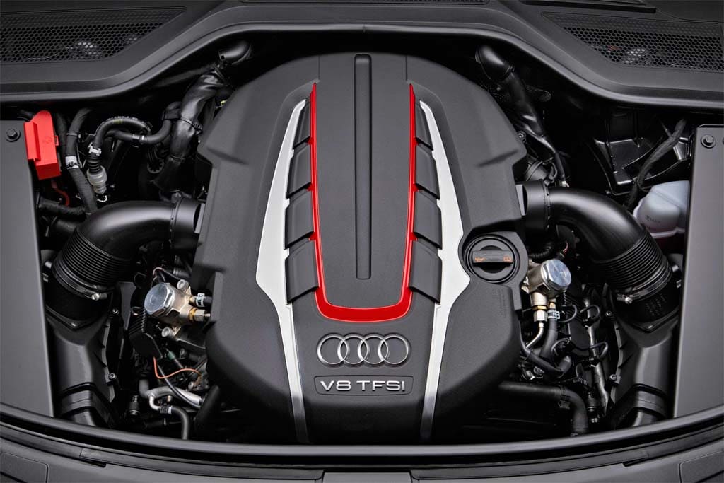 The fast-beating heart of the 2013 Audi S8, a new twin-turbo V-8 that repla...