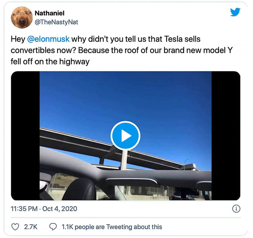 Model Y roof flies off tweet