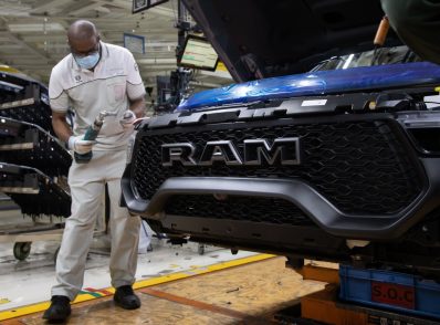 An employee at FCA’s Sterling Heights (Mich.) Assembly Plant works on the front end of the first Ram 1500 TRX Launch Edition, adorned in an exclusive Anvil exterior paint. FCA invested nearly $1.5 billion to retool the plant to build the next generation Ram 1500, which launched in 2018, and support the future growth of the Ram brand.