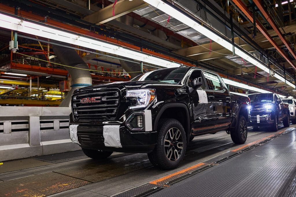 A GMC Sierra 1500 pickup on the assembly line at the General Motors Fort Wayne Assembly plant Tuesday, May 14, 2019 in Roanoke, Indiana. GM announced Thursday, May 30, 2019 it is investing $24 million in the plant to expand production of full size Chevrolet Silverado 1500 and GMC Sierra 1500 pickups in Roanoke, Indiana. (Photo by Ryan Hake for General Motors)