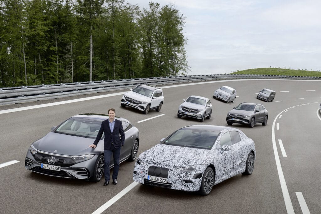 Mercedes CEO Ola Kallenus with an assortment of new and upcoming EVs and PHEVs