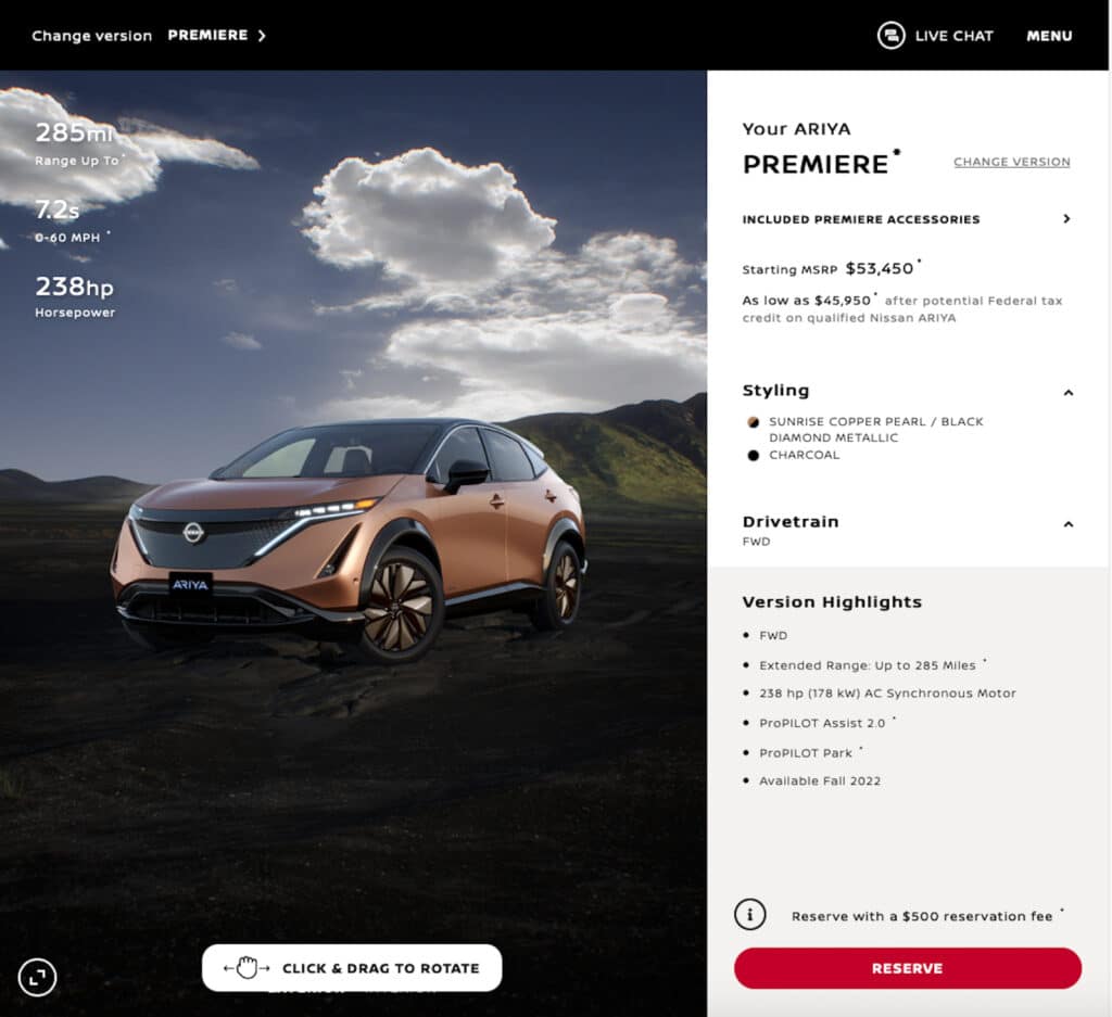 Nissan Ariya web page