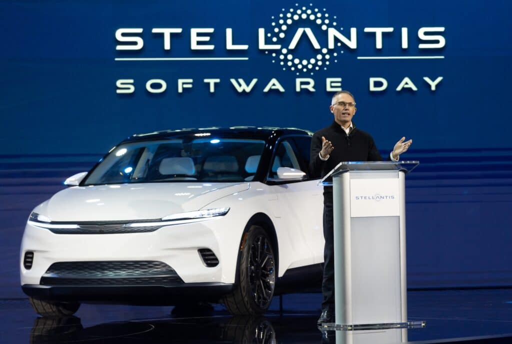 Stellantis CEO Carlos Tavares discusses the company’s software strategy during the Software Day presentation on Dec. 7, 2021. Stellantis will deploy next-generation tech platforms, build on existing connected vehicle capabilities to transform how customers interact with their vehicles, and generate approximately €20 billion in incremental annual revenues by 2030.