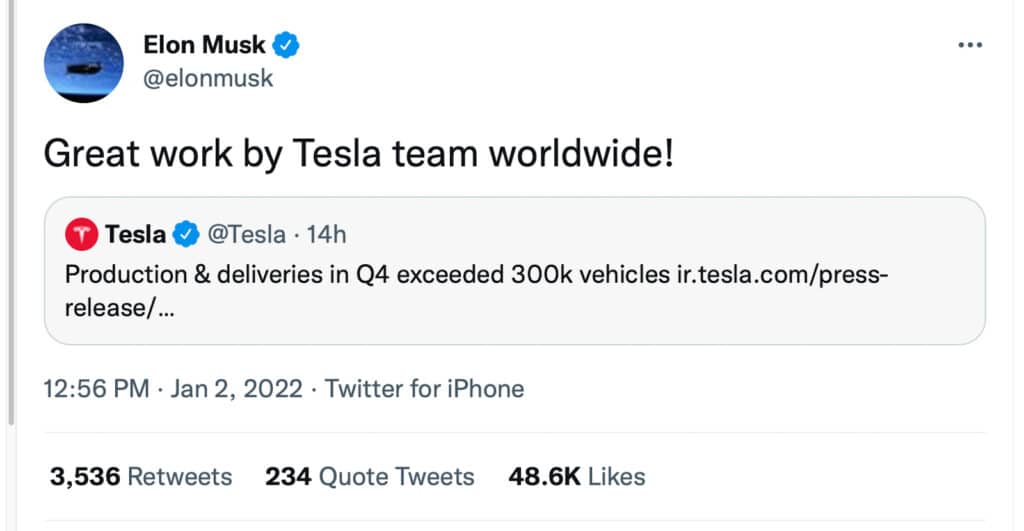 Musk congratulatory tweet 1-2-22