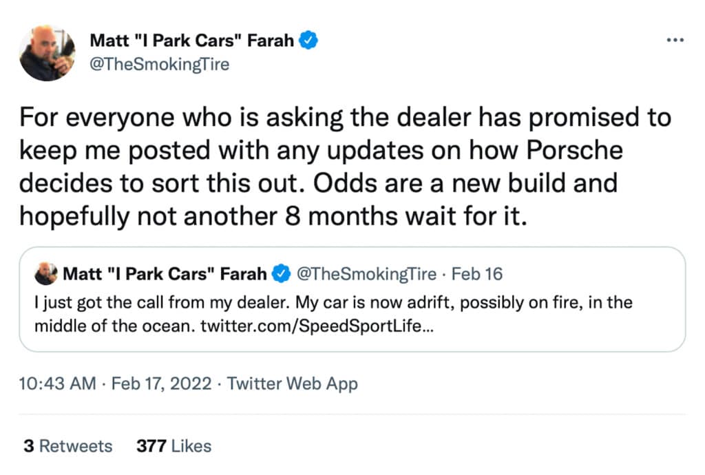 Matt Farah Porsche burning tweet