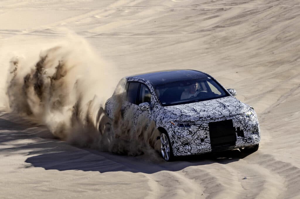 2023 Mercedes EQS SUV camo testing in sand