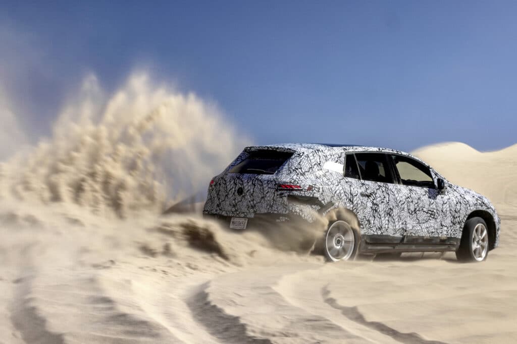 Mercedes EQS SUV camo rear sand testing