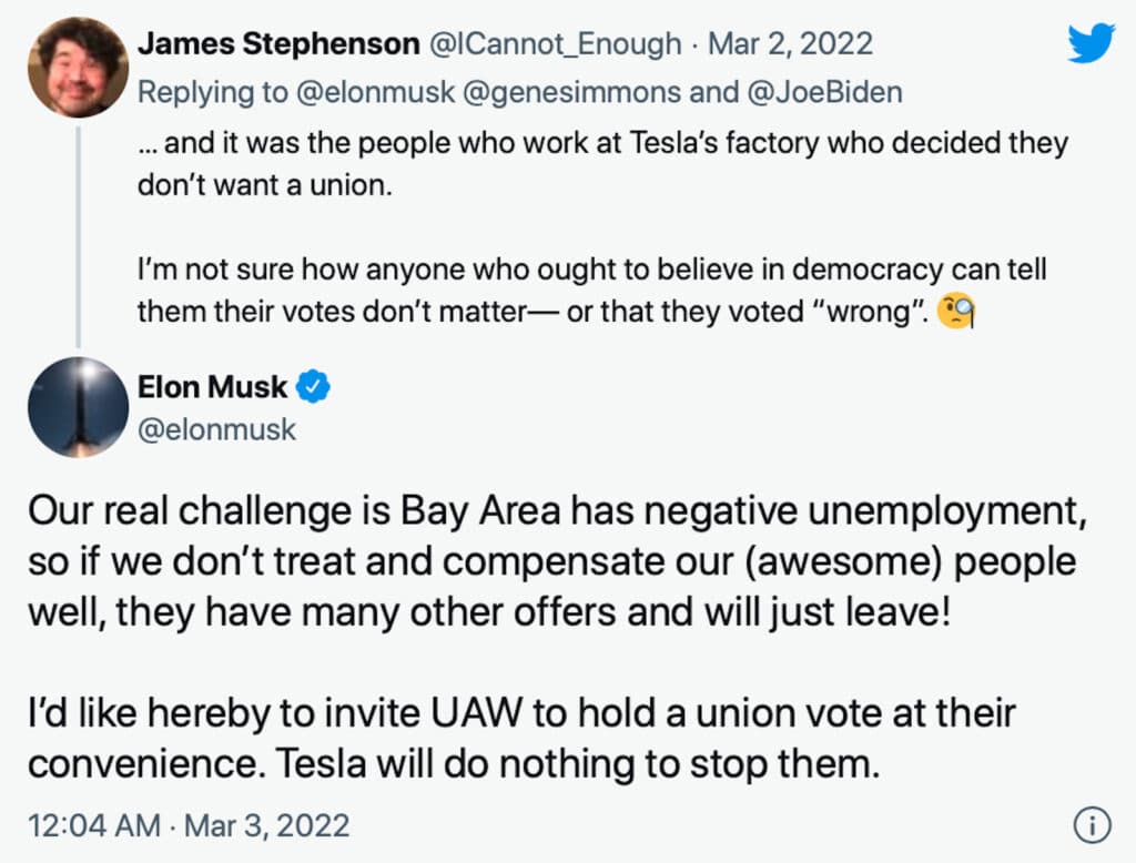 Musk tweet about UAW vote 2022