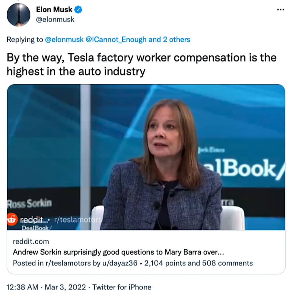 Musk tweet best compensation 2022