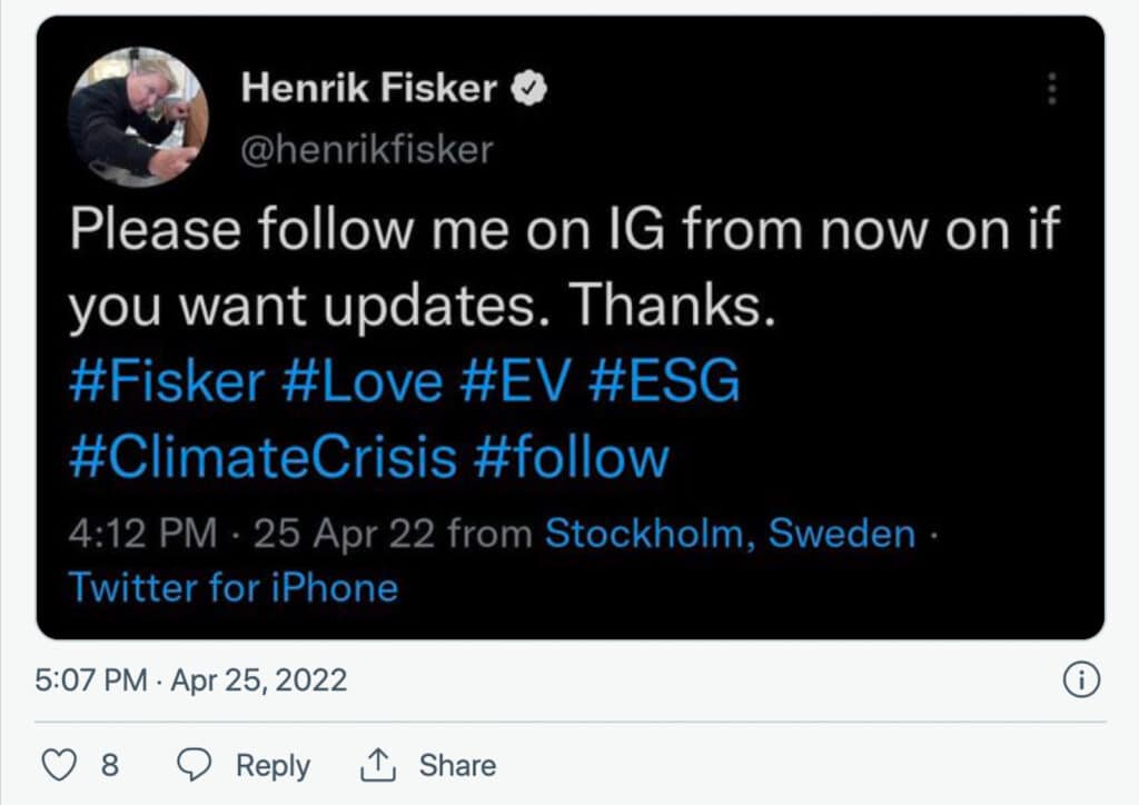 Fisker leaving Twitter tweet