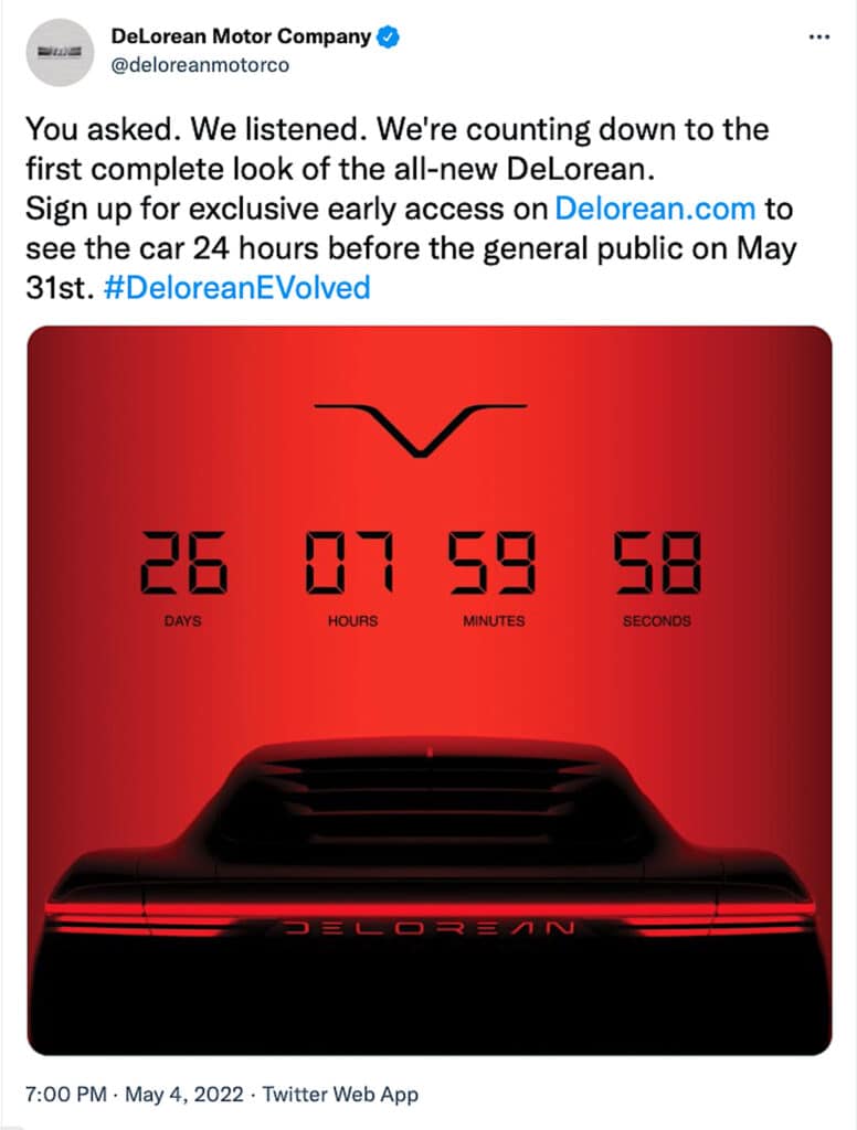 DeLorean countdown teaser May 2022 tweet