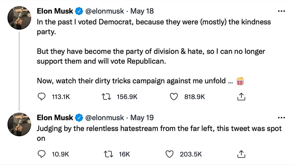 Musk now a Republican twee 5-18-22