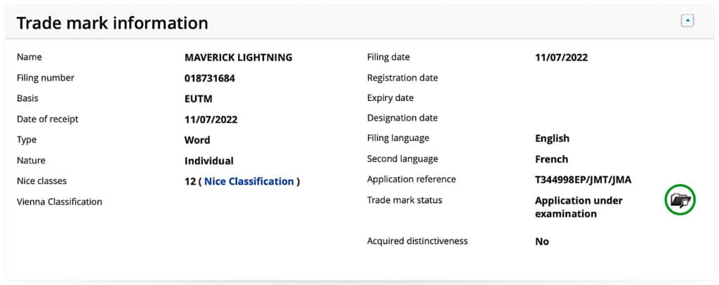 Maverick Lightning Euro trademark