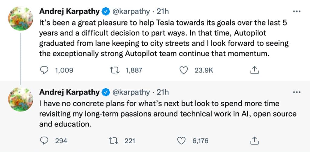 Tesla's Andrej Karpathy departure tweet