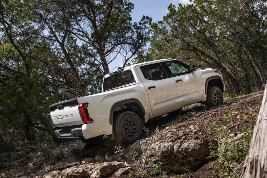 2022 Toyota Tundra TRD Pro Super White crawling up REL