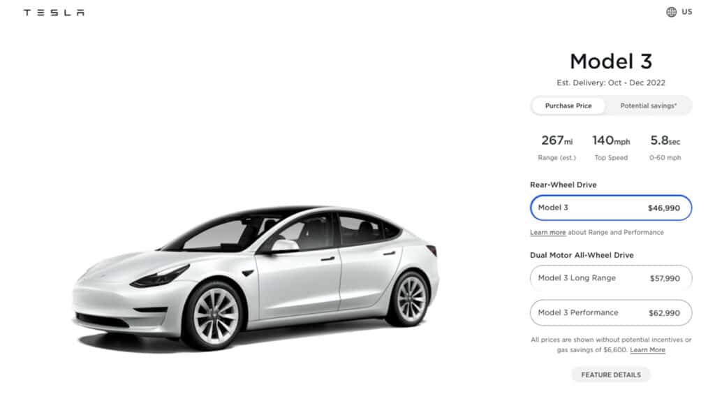 Tesla Model 3 RWD order page