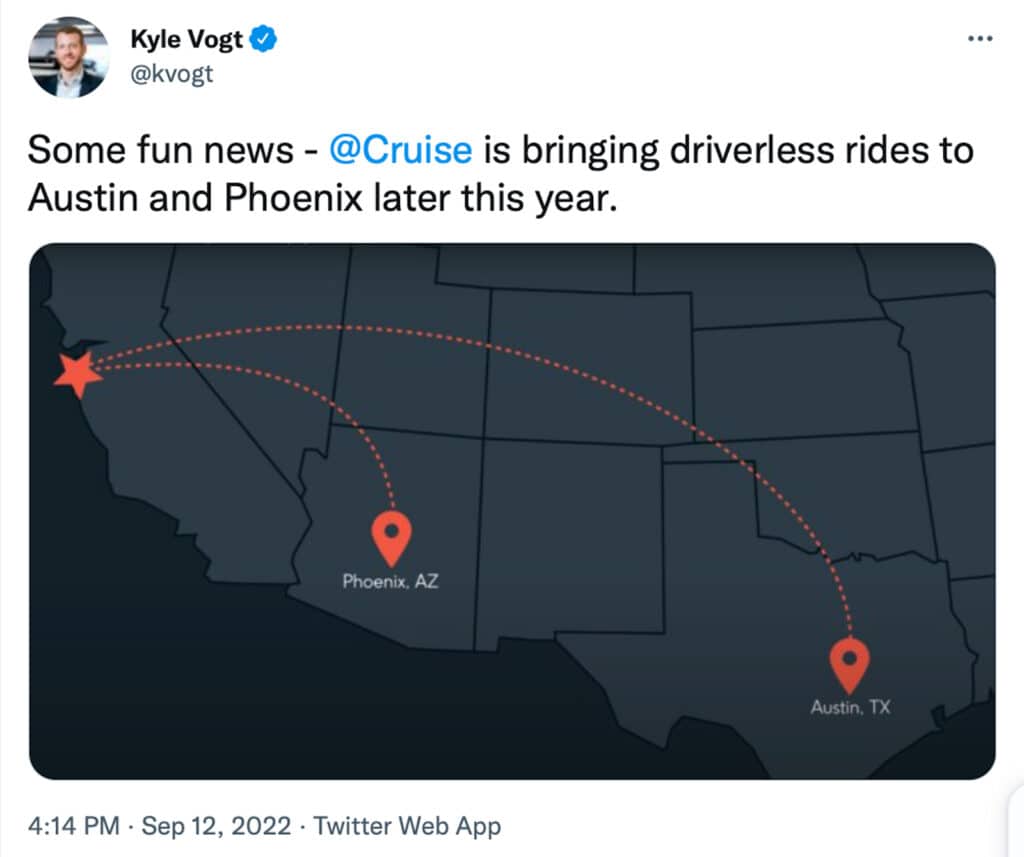 Cruise CEO Vogt tweets Phoenix and Austin move
