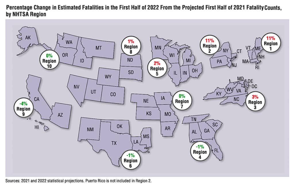 NHTSA traffic deaths change map graphic 2022