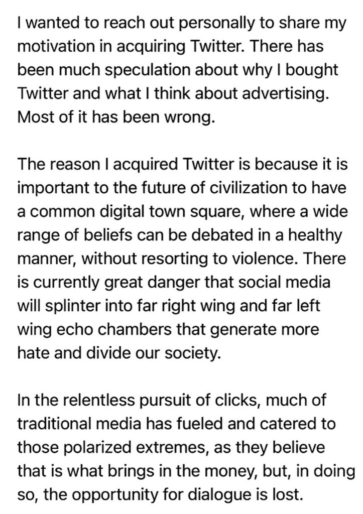 Elon's letter to Twitter advertisers one