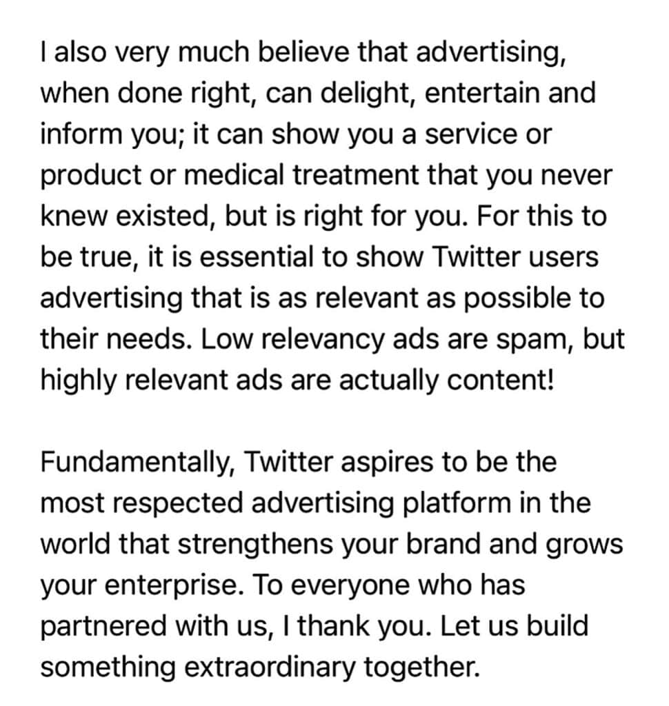 Elons letter to Twitter advertisers three