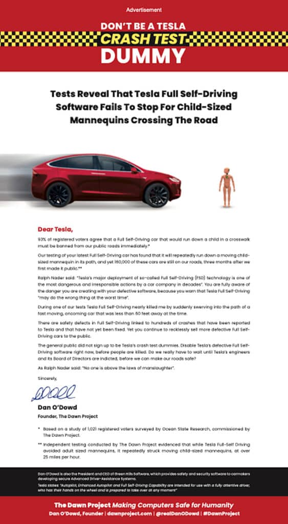 Anúncio do Dawn Project Tesla FSD