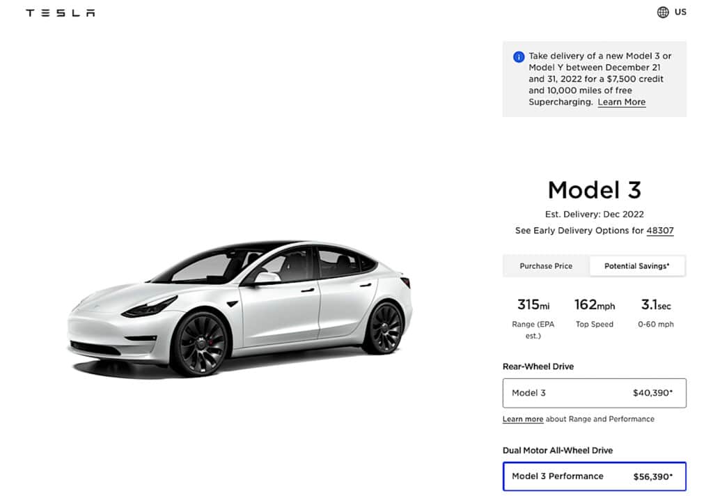 Tesla Model 3 buy page with discount notice