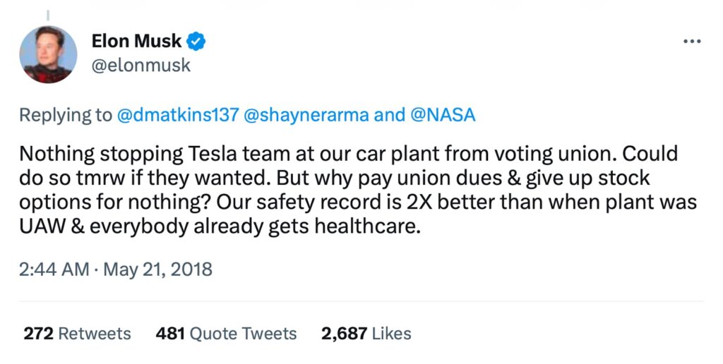 Musk union slam tweet one