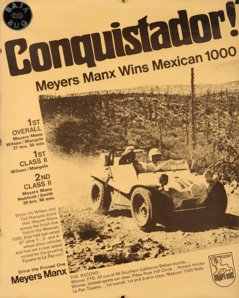 Poster celebrating Meyers Manx victory in the inaugural Mexican 1000 race. Credit_ MEYERS MANX