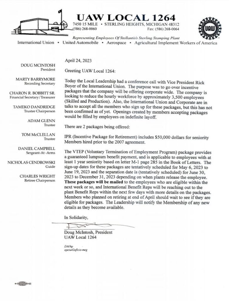 UAW Local 1264 buyout letter