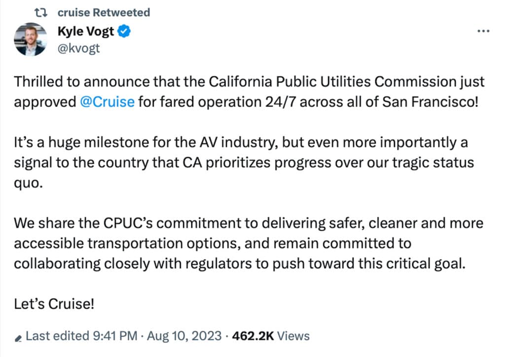Cruise CEO Vogt tweet abou CPUC ruling 8-10-23